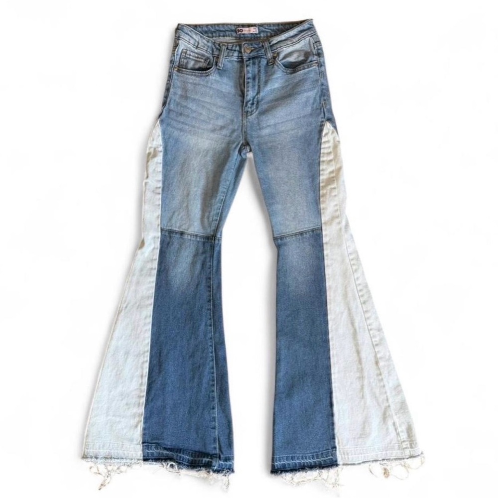 SO Blue and White Patchwork Flare Jeans